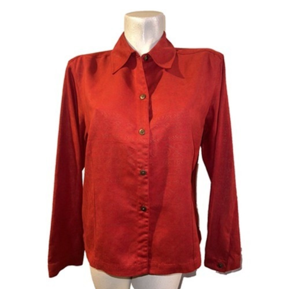 Chicos Design Womens Red Paisley Button Down Shirt Long Sleeve Size 2 Large